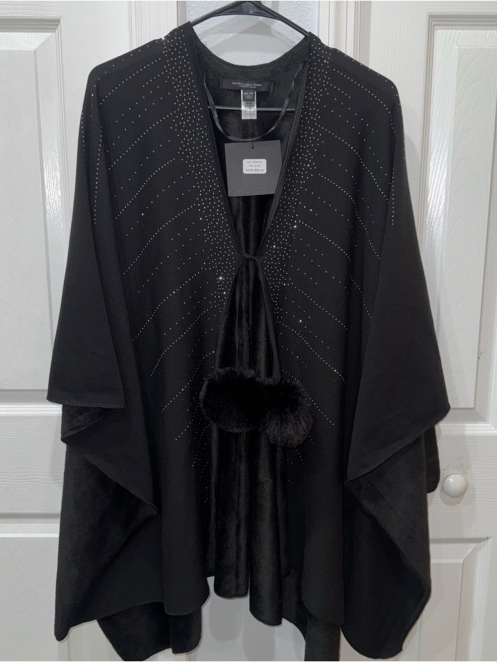 Marc New York Black Embellished Poncho with Faux Fur Ties